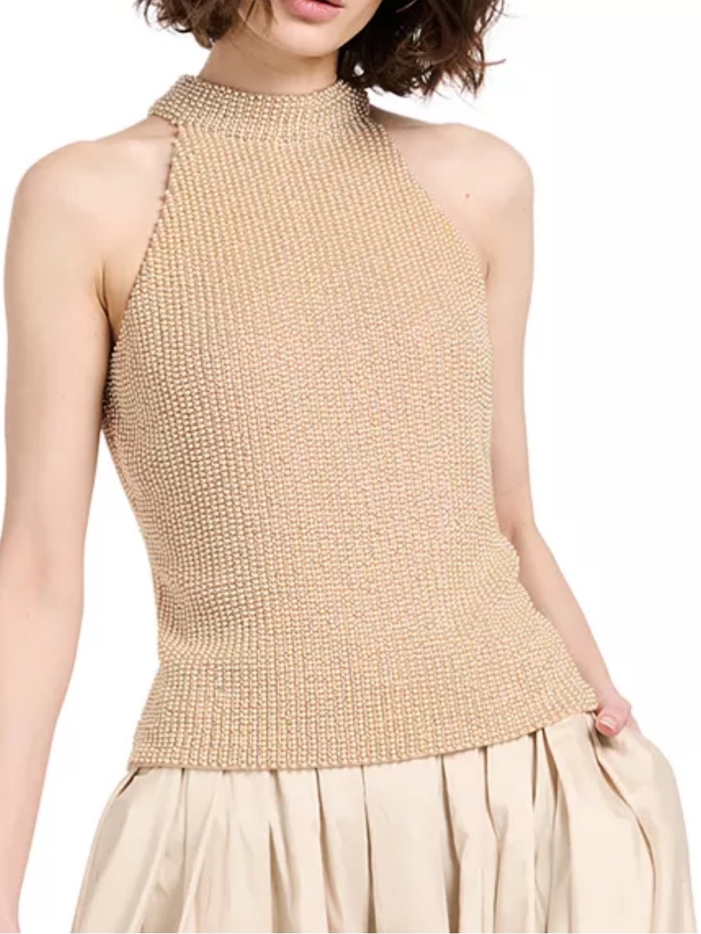 High-Neck Knit Tank Top in Light Beige